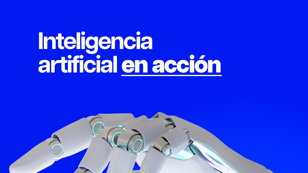 Placa azul de BahIA Summit con el texto Inteligencia artificial en acción y una mano robótica