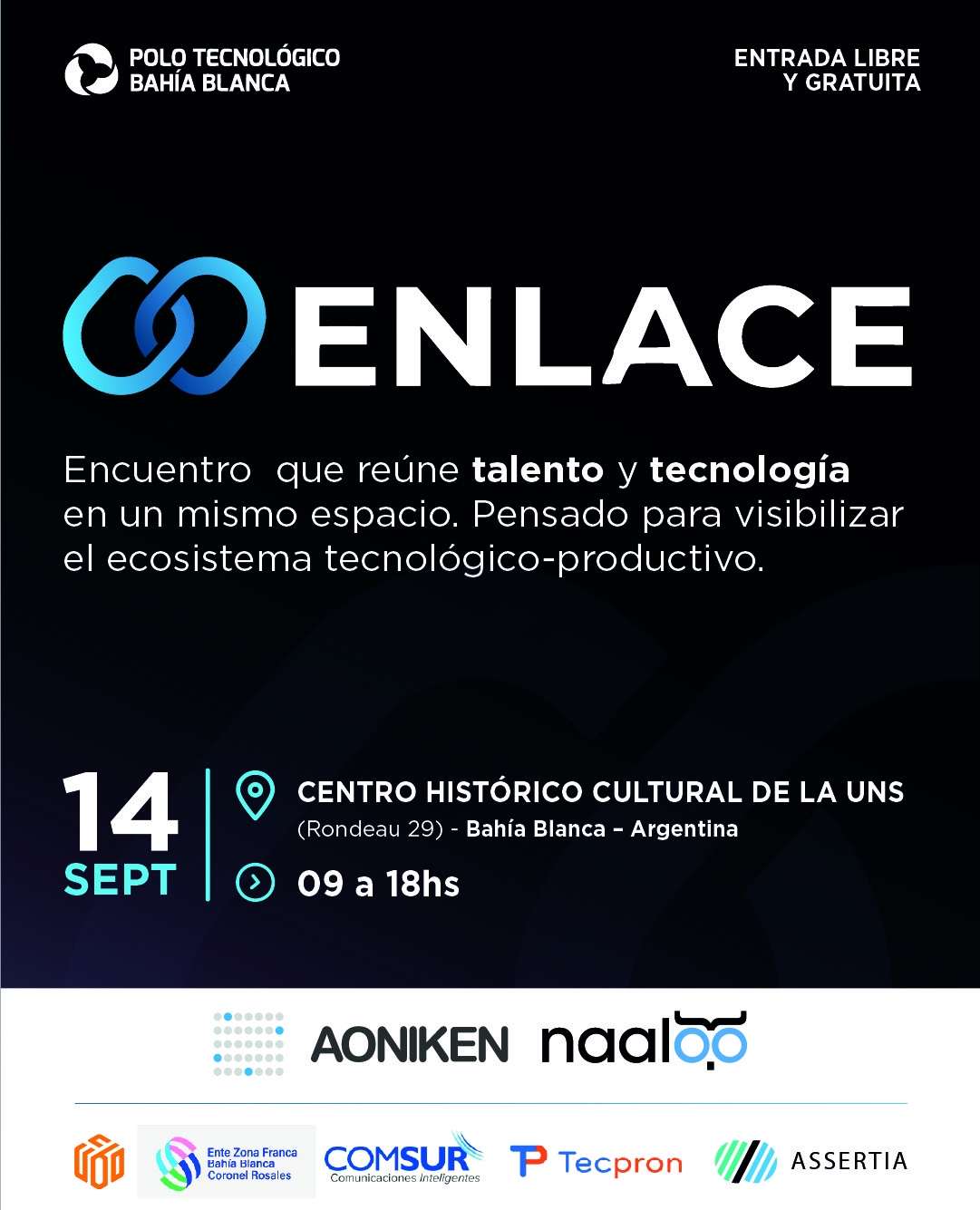 Placa de ENLACETECH con la invitación al encuentro de talento y tecnología del 14 de septiembre en Bahía Blanca